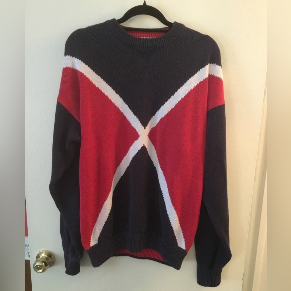 Tommy Hilfiger Navy, Red & White Geometric Crewneck Sweater
